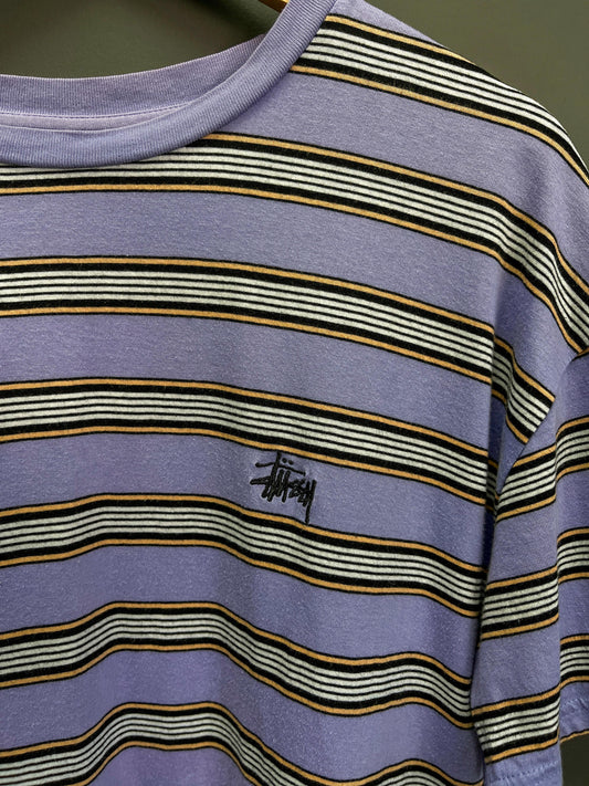 Stüssy Striped Embroidered Logo T-Shirt - Medium