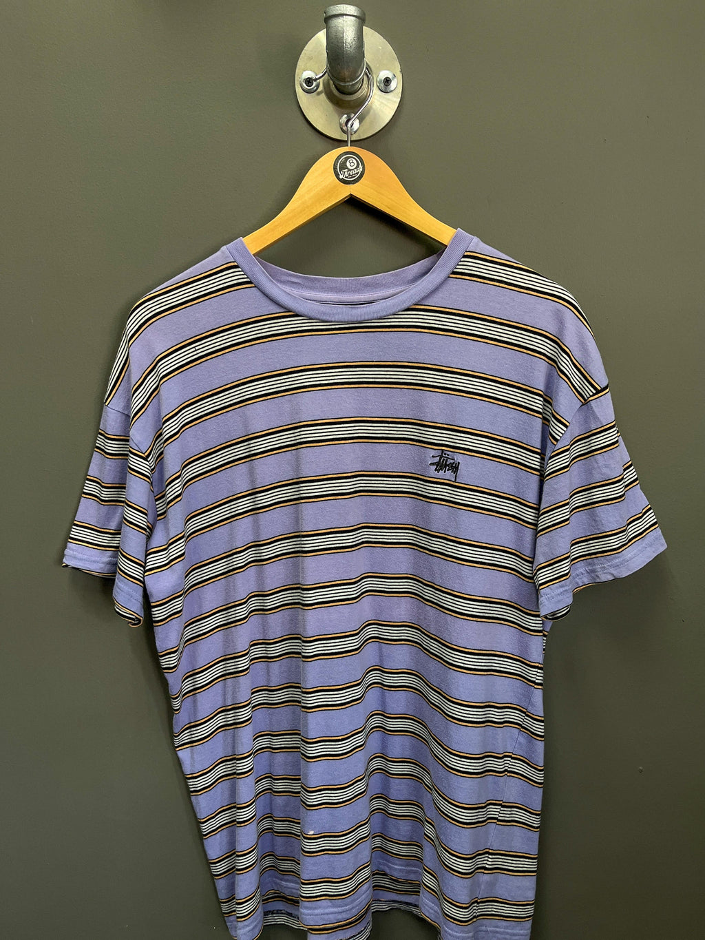 Stussy Striped Embroidered Logo Tee - Medium
