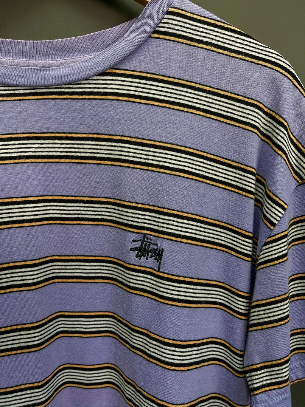 Stussy Striped Embroidered Logo Tee - Medium