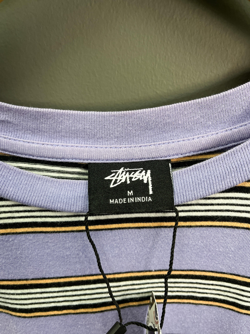 Stussy Striped Embroidered Logo Tee - Medium